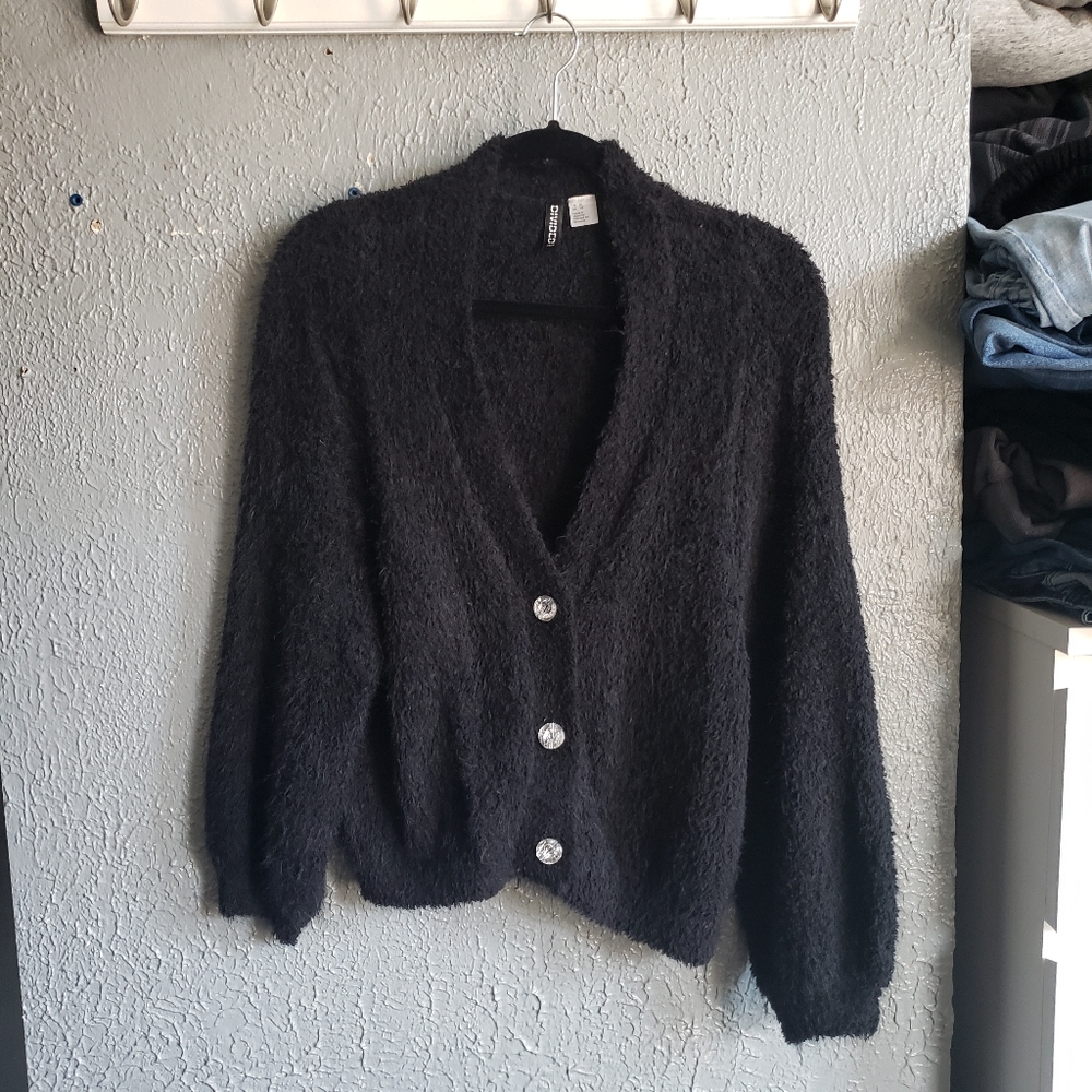 XL  H&M Divided Shaggy Black Jewel Button Crop Cardigan